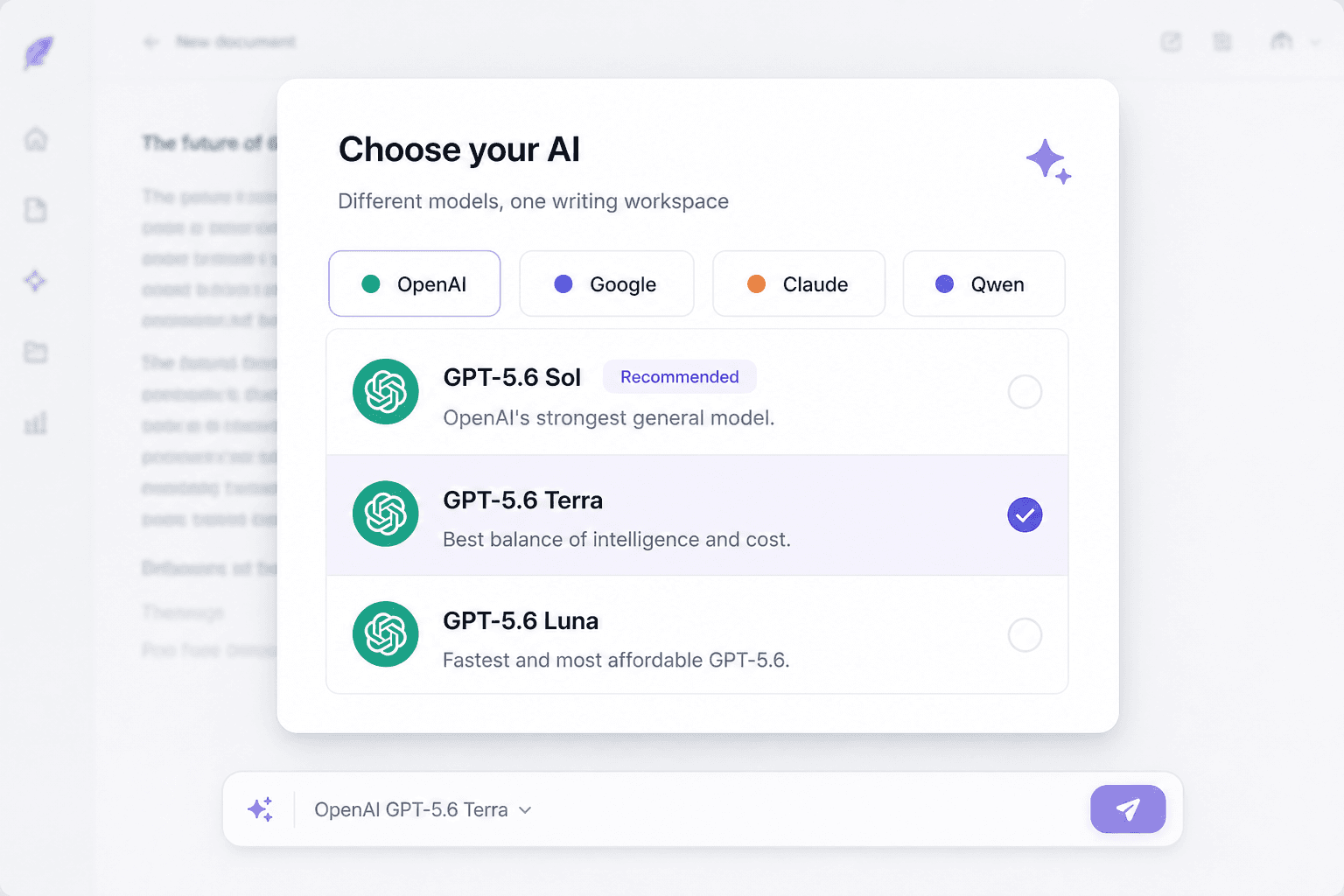 Choose AI models across OpenAI, Google, Claude, and Qwen