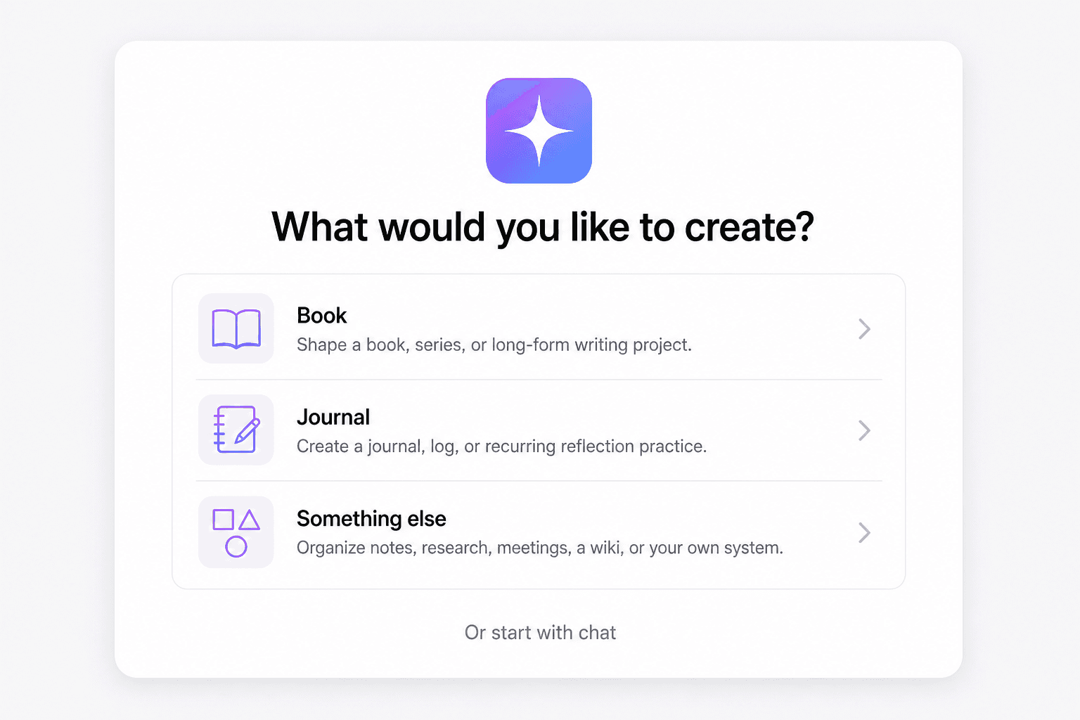 Choose what to create: book, journal, or something else
