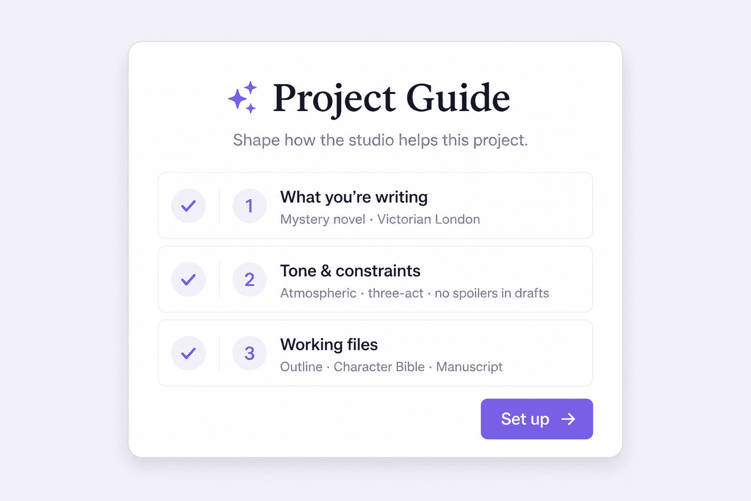 Project Guide setup for tone, constraints, and working files