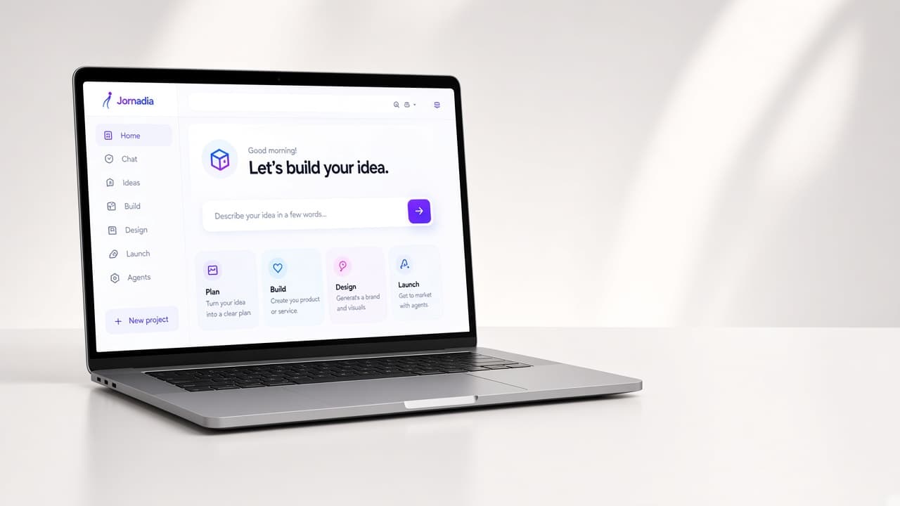 Jornadia studio on a laptop — plan, build, design, and launch
